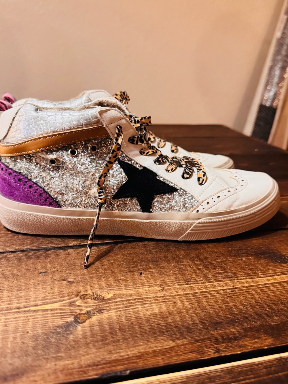 ShuShop White Glitter High-Top Sneakers with Black Star & Purple Accent